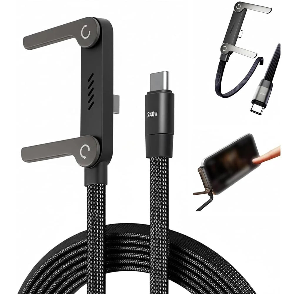 240W 2-in-1 USB-C to USB-C Data Cable with Stand – 1.5M Fast Charging Nylon Braided Cable