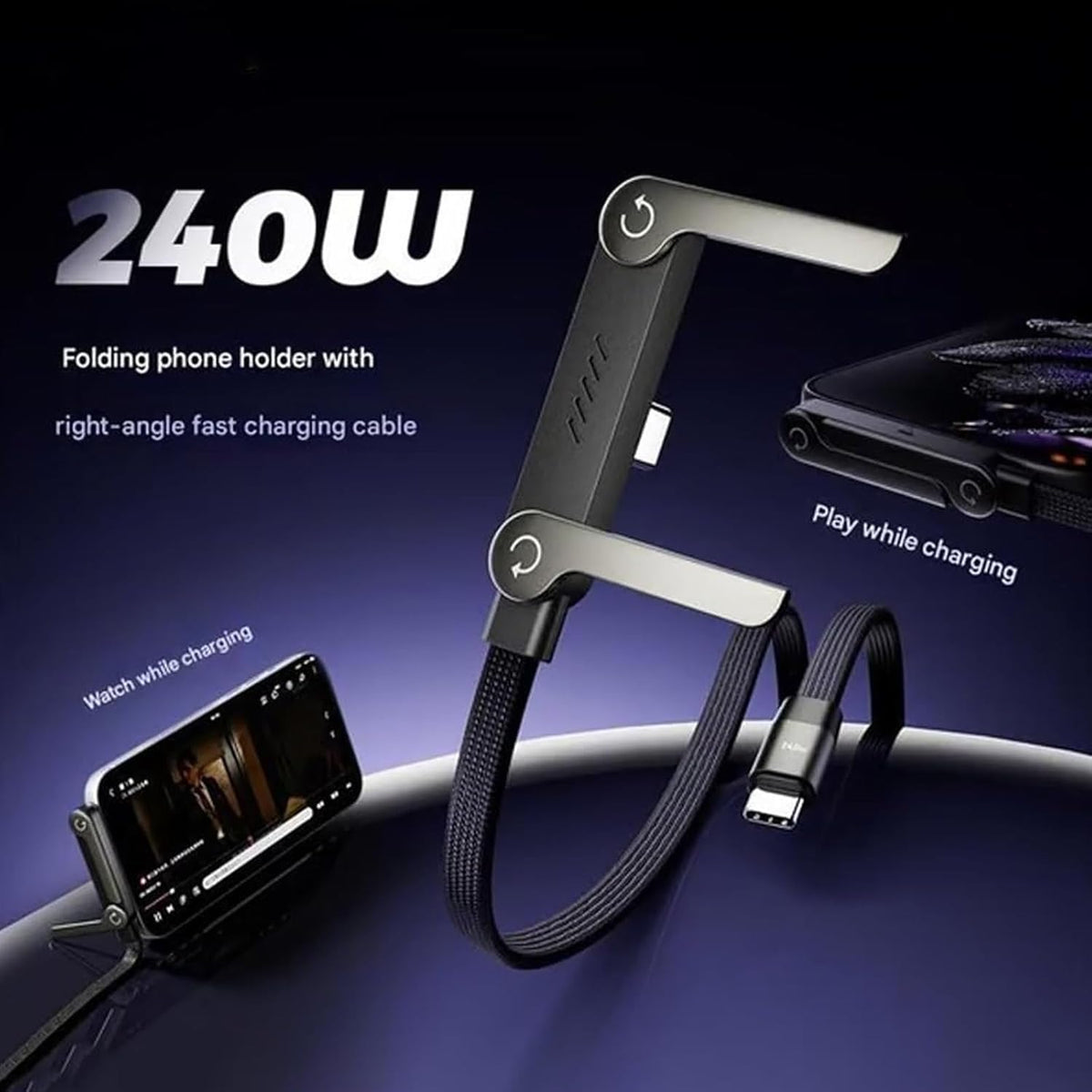 240W 2-in-1 USB-C to USB-C Data Cable with Stand โ 1.5M Fast Charging Nylon Braided Cable