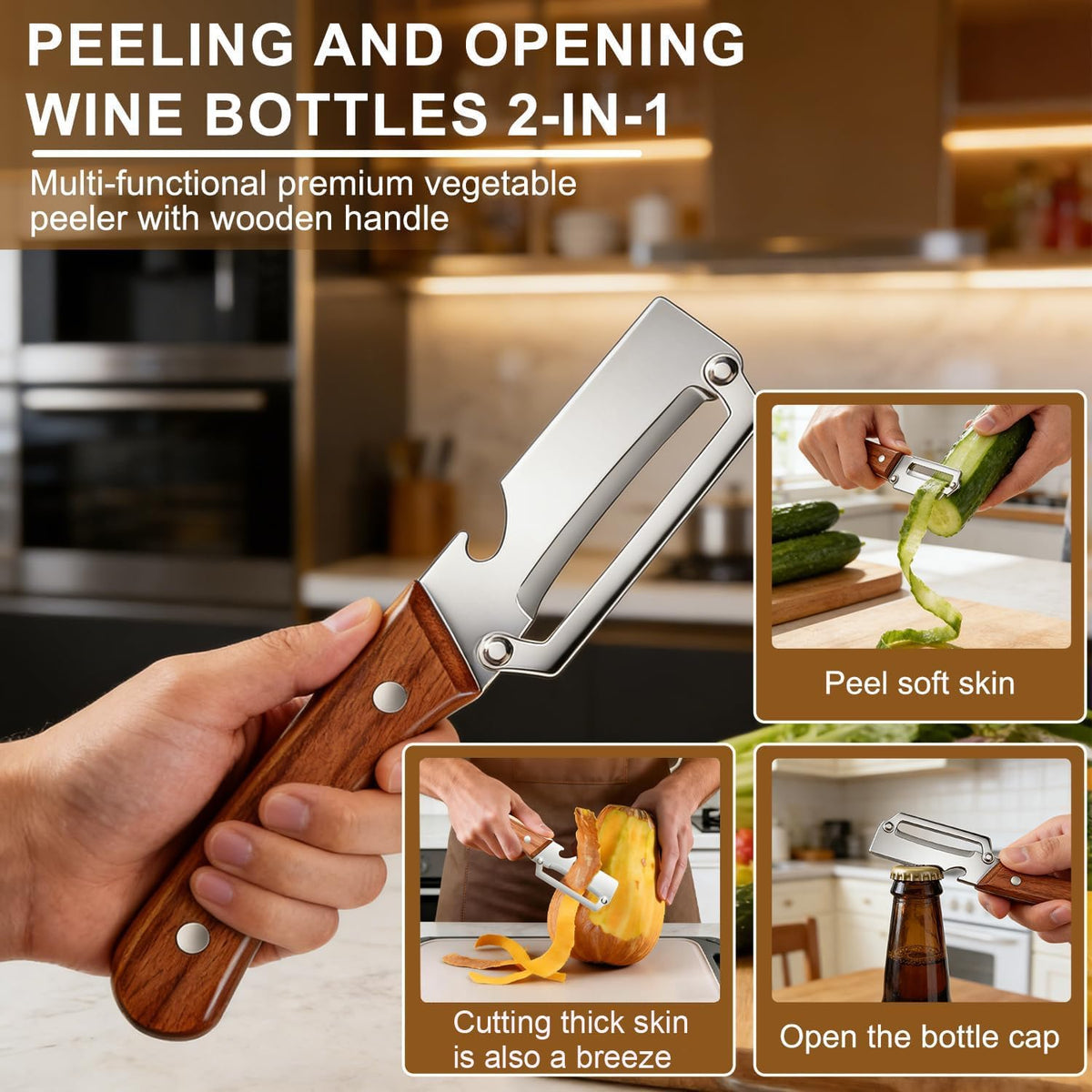 3-in-1 Stainless Steel Kitchen Peeler – Vegetable Peeler with Wooden Handle