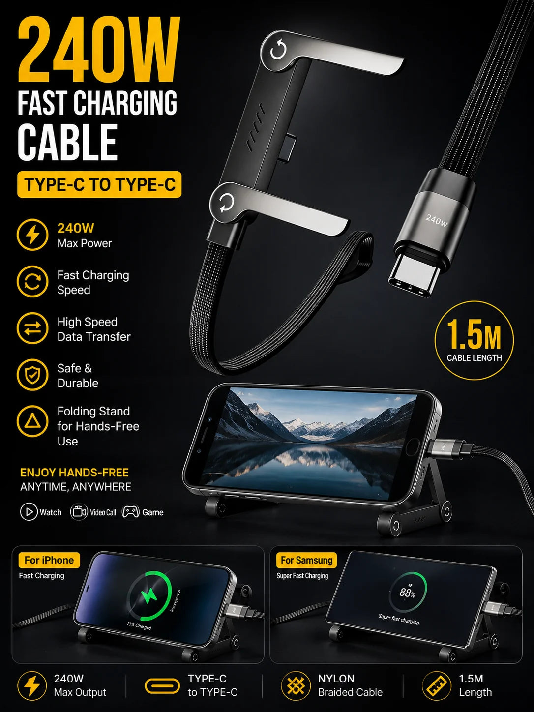 240W 2-in-1 USB-C to USB-C Data Cable with Stand – 1.5M Fast Charging Nylon Braided Cable